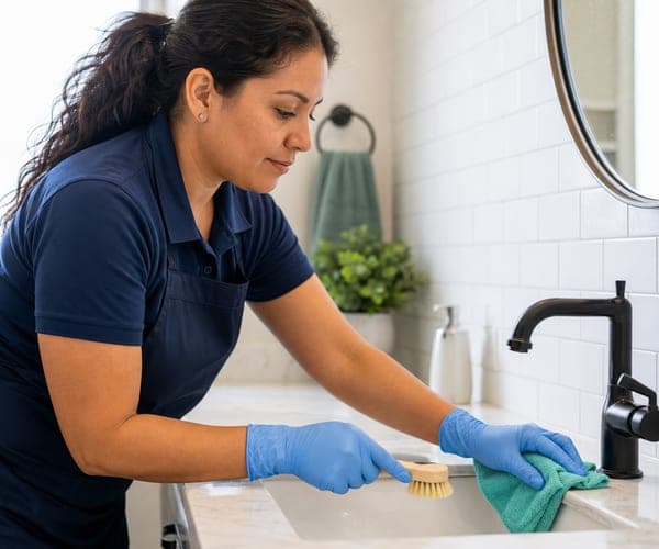 Deep cleaning detail work on a bathroom counter