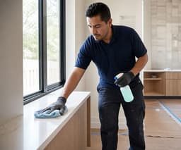 Post-construction cleaning professional removing dust near a window