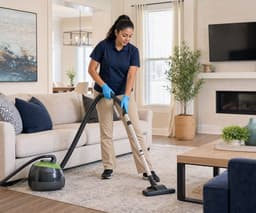 Residential cleaning professional vacuuming a bright living room