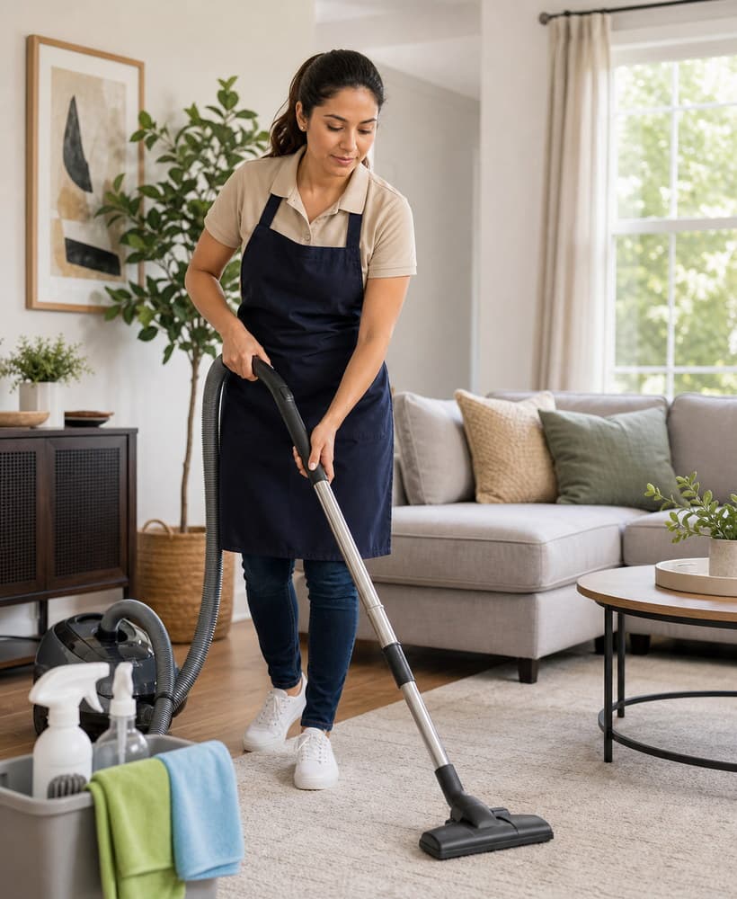 Residential cleaning professional vacuuming a bright living room